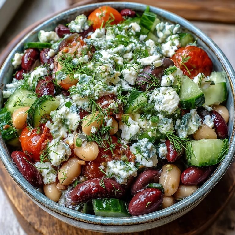 Healthy Greek Bean Salad topped with feta cheese and dill, glistening with zesty lemon-oregano dressing on a sunlit table.