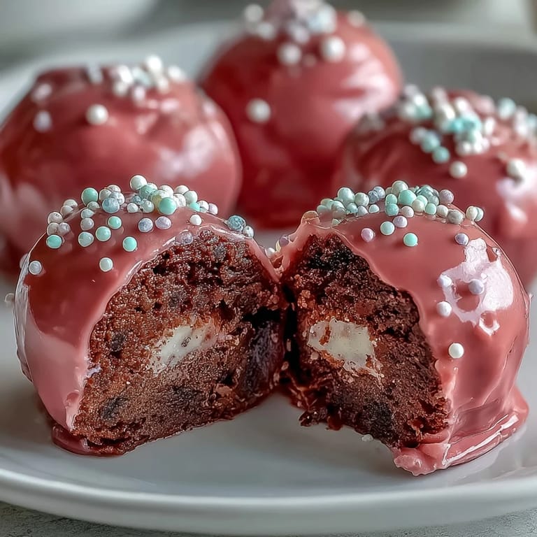 A close-up of an Oreo Truffle Balls with Pink Candy Coating bite, revealing a creamy Oreo and cream cheese center.