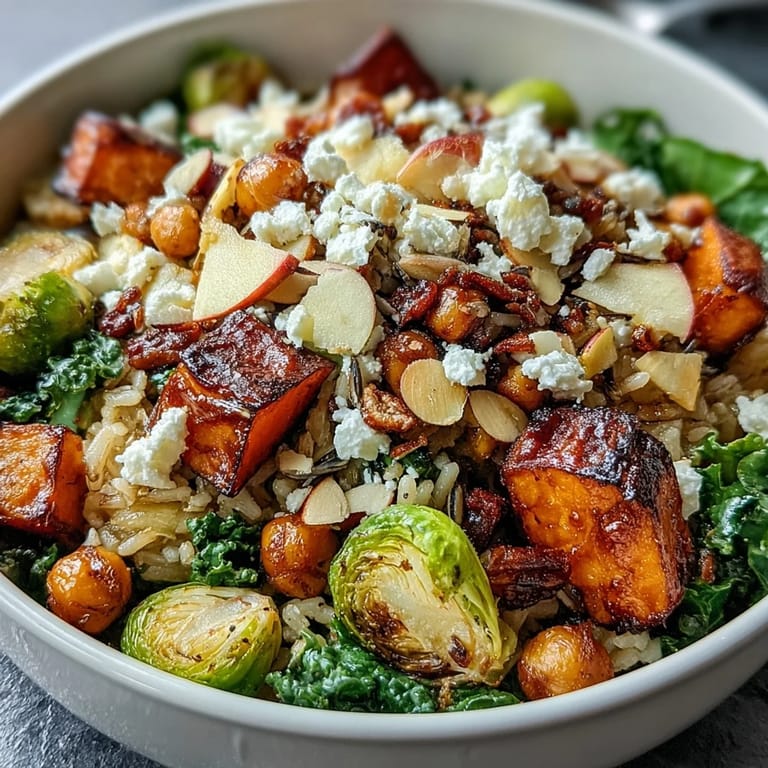 Vibrant Fall Harvest Bowl drizzled with dressing, featuring wild rice, kale, and roasted vegetables ready to serve.