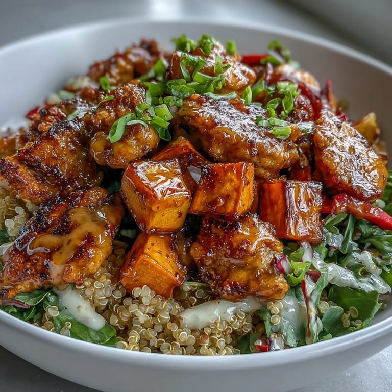 Served Hot Honey Chicken Bowl garnished with fresh herbs, highlighting high protein, gluten-free weeknight meal appeal.