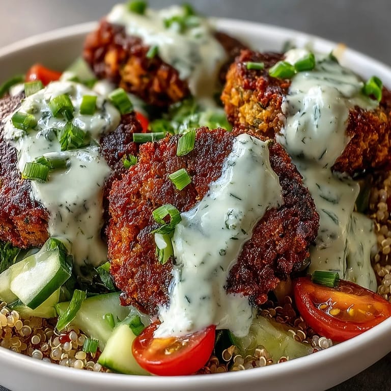 A close-up of Falafel Quinoa Salad Bowl drizzled with creamy garlic tahini, garnished with fresh green onions and herbs.