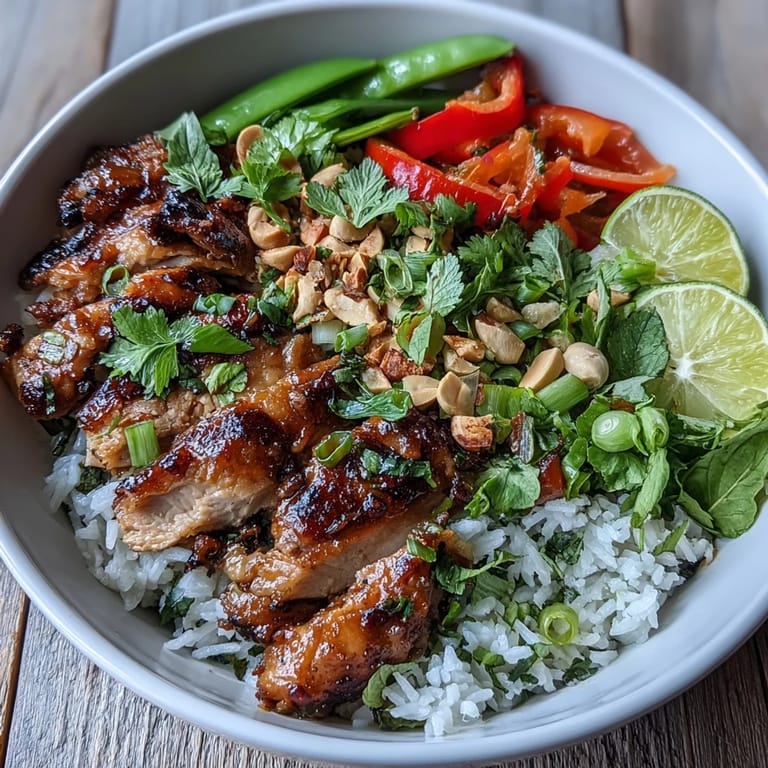 Fragrant Thai Chicken Coconut Bowl topped with tender chicken, colorful bell peppers, snap peas, and fresh Thai herbs.