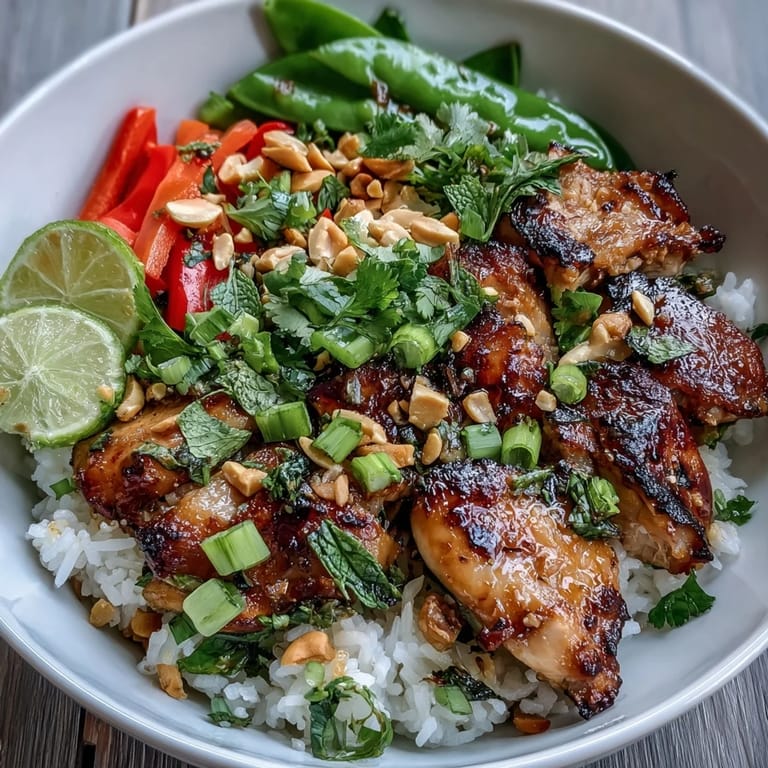 Colorful Thai Chicken Coconut Bowl garnished with cilantro, peanuts, and lime wedges, ready for a flavorful main course.