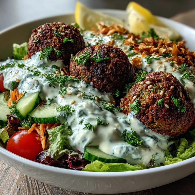 A finished Falafel Bowl topped with cherry tomatoes, cucumber, shredded carrots, and a rich drizzle of tahini sauce.