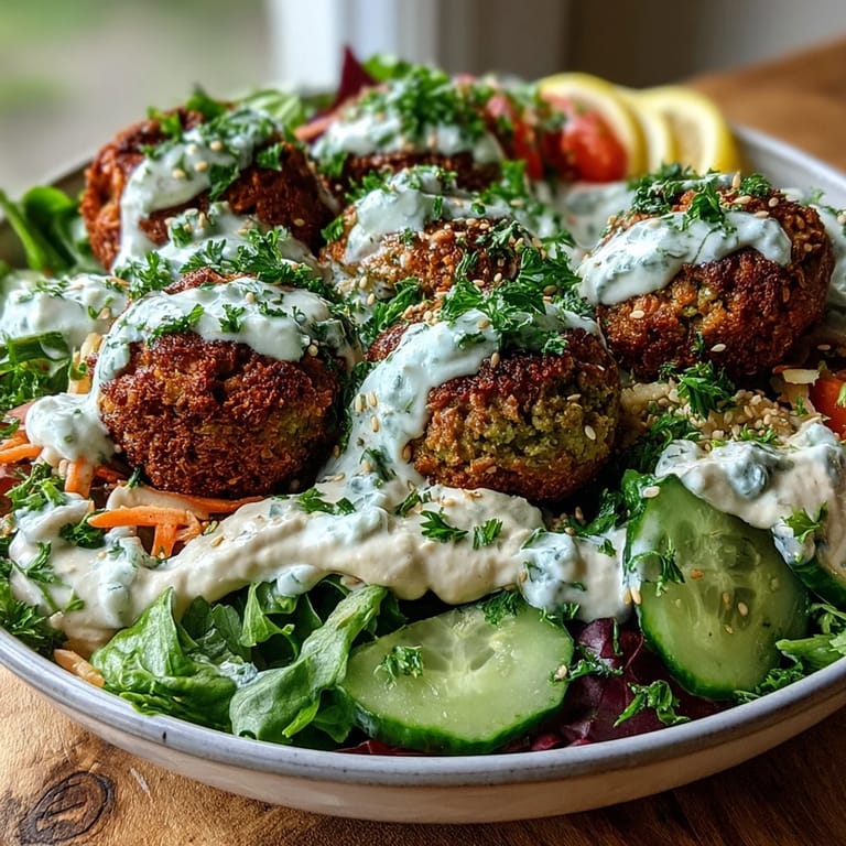 Serving suggestion for a vibrant Falafel Bowl, featuring creamy hummus, fresh vegetables, and lemon wedges on a rustic plate.