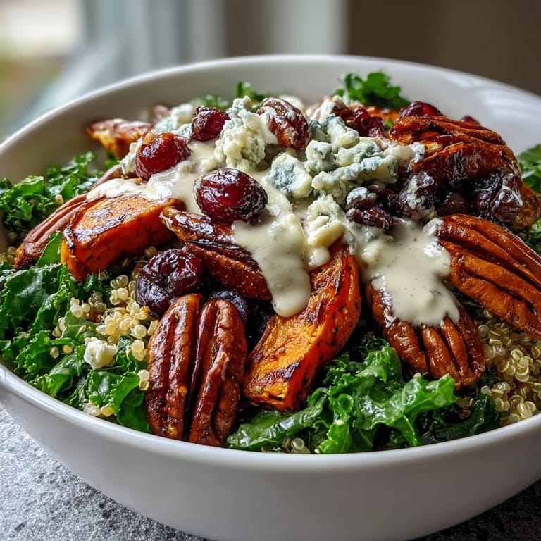 A close-up of a vibrant Harvest Kale Quinoa Bowl with colorful roasted veggies and nuts, served on a rustic wooden table.