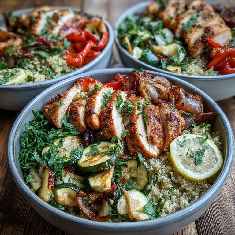 Juicy paprika herb chicken, roasted bell peppers, and fluffy quinoa in a white bowl with lemon wedges on a rustic wooden table.