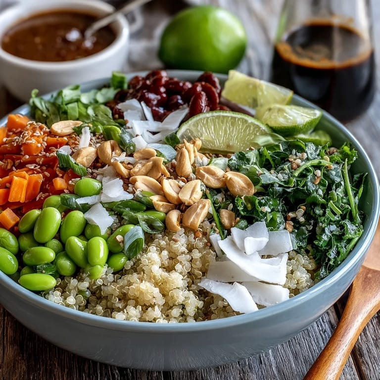 Garnished Thai Coconut Quinoa Bowl with fresh cilantro, crunchy vegetables, and a luscious peanut-lime dressing, served in a white ceramic bowl.