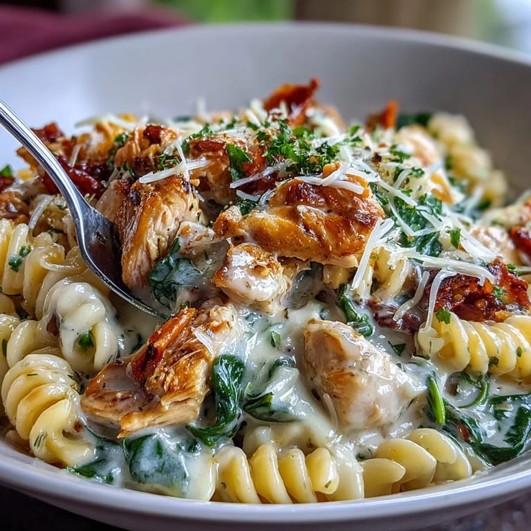 Golden chicken and orzo pasta in a creamy lemon sauce, topped with wilted spinach for a vibrant, hearty meal.