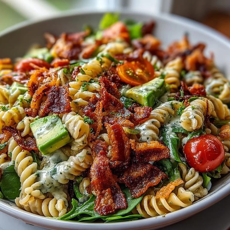 Creamy avocado and smoky bacon elevate this BLT pasta salad, perfect for summer cookouts and potlucks.  