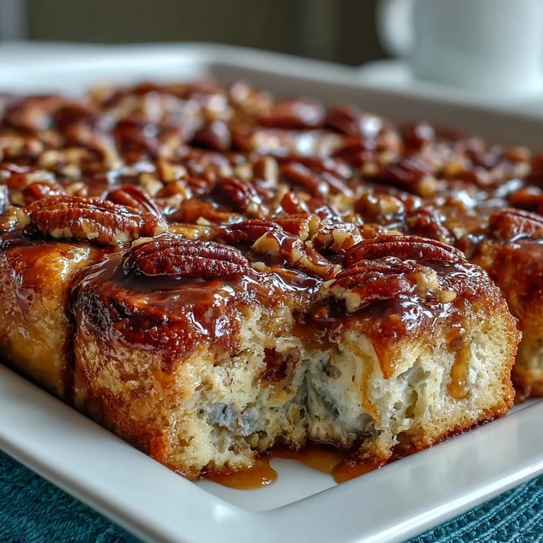 Maple syrup-soaked pancake casserole topped with crunchy pecans, perfect for a cozy family brunch.