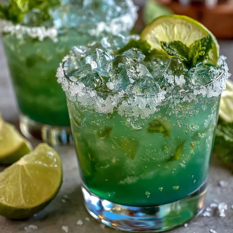 Refreshing non-alcoholic margarita mocktail with sparkling lime and orange juice, garnished with mint and served over ice.