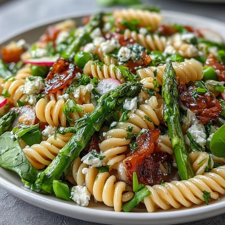 Colorful spring pasta salad featuring tender asparagus, snap peas, and radishes tossed in a bright, zesty lemon vinaigrette.