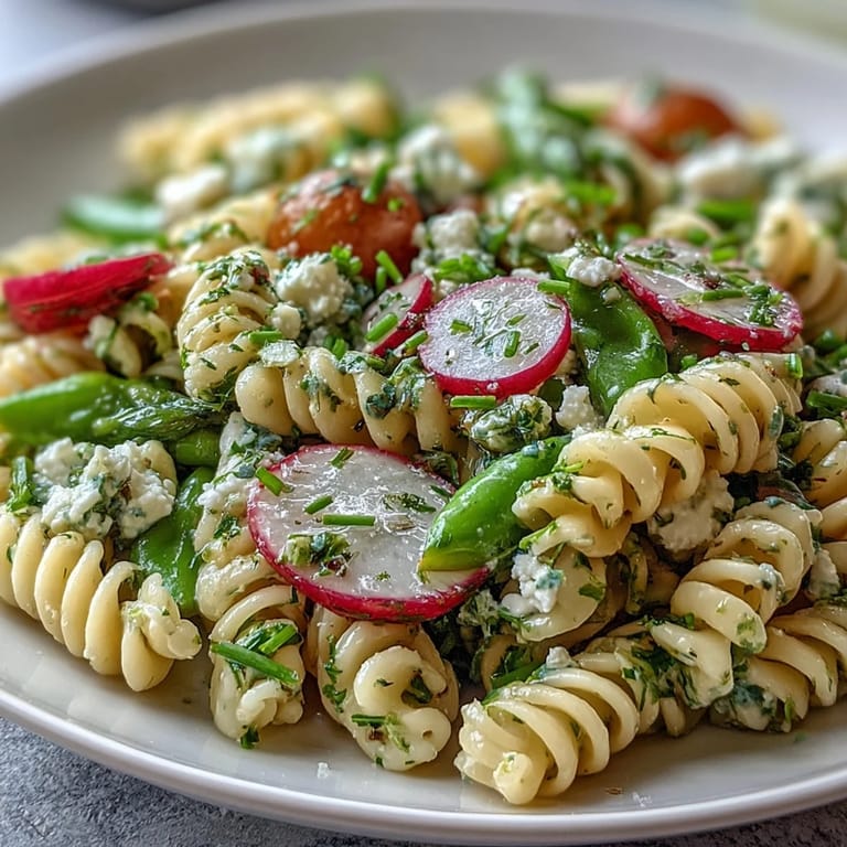 Vibrant pasta salad with fresh spring vegetables and a tangy lemon dressing, garnished with herbs and optional creamy cheese.
