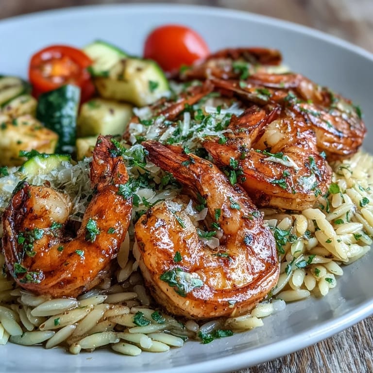 Creamy one-pan lemon butter shrimp and orzo dinner, packed with fresh vegetables and zesty citrus.  