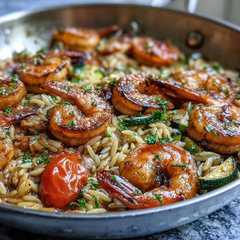 Easy Mediterranean lemon butter shrimp and orzo recipe with garlic, parsley, and tender orzo pasta.