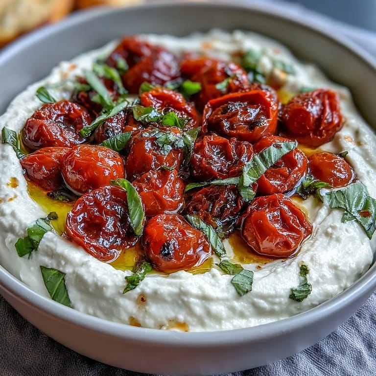 Tangy whipped feta blended smooth, served with oven-roasted cherry tomatoes and a drizzle of olive oil for a Mediterranean starter.