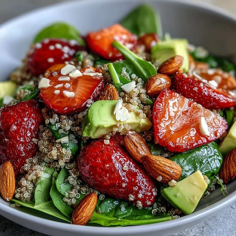 Colorful strawberry avocado quinoa salad featuring tender greens, crunchy nuts, and sweet-tart berries, perfect for a healthy lunch.