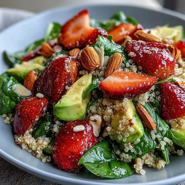 Protein-packed strawberry avocado quinoa salad with ripe avocado, fresh strawberries, and toasted almonds, tossed in bright lemon vinaigrette.