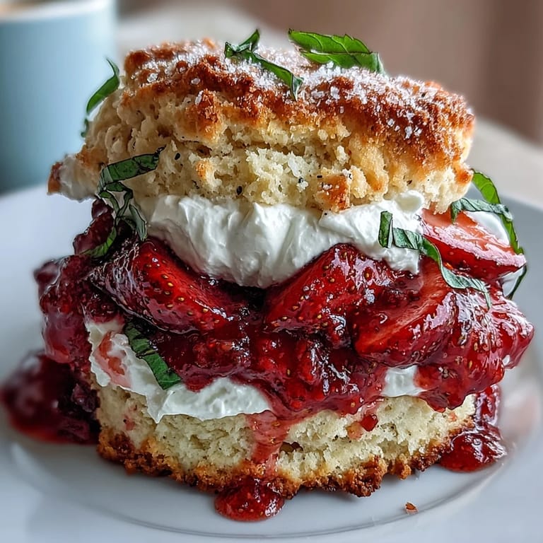 Golden, buttery biscuits piled high with macerated strawberries, aromatic basil, and fluffy whipped cream in a delightful summer treat.