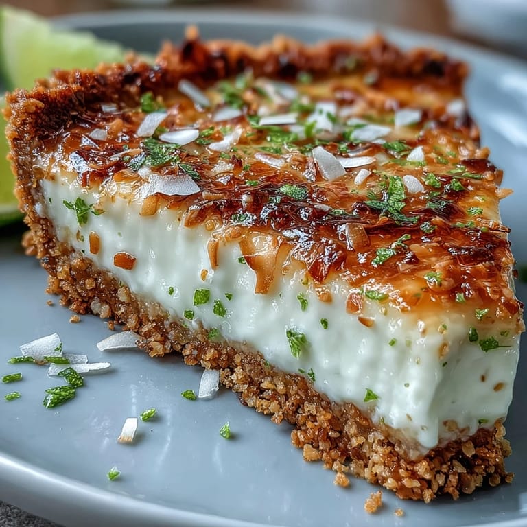 Zesty coconut lime tart in a buttery graham cracker crust, garnished with fresh lime zest and fluffy whipped cream.