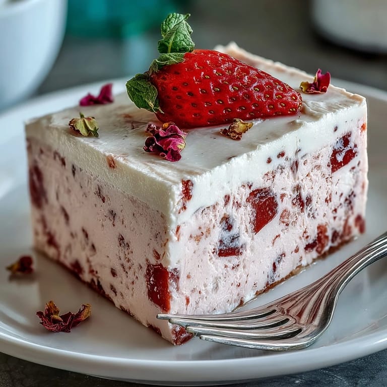 Elegant dessert featuring strawberry and rose-flavored gelatin cubes suspended in a silky milk and cream mixture.  