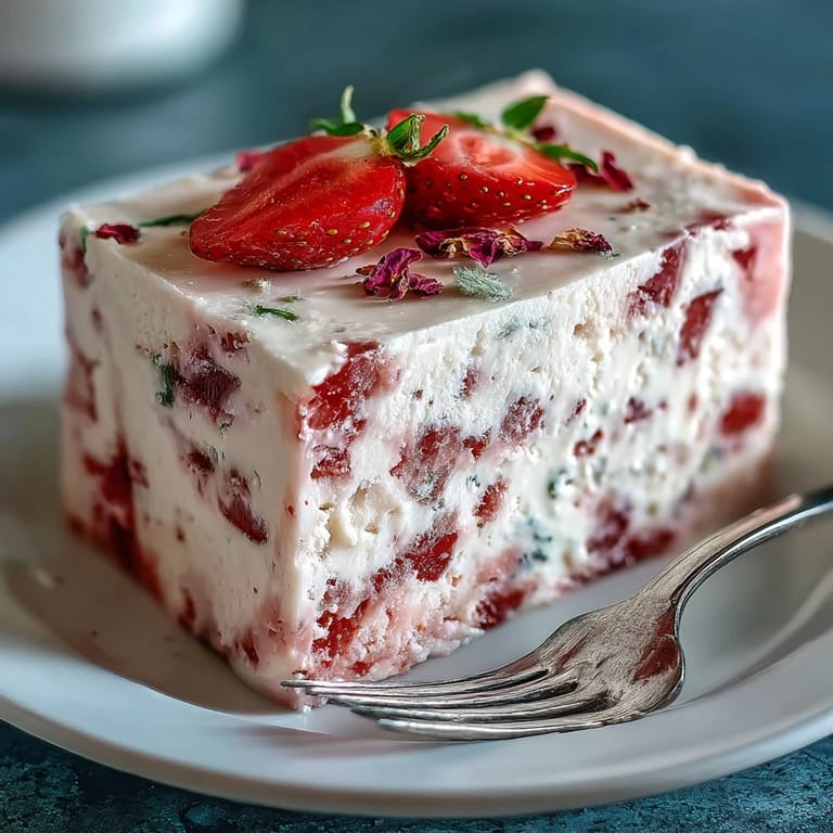 Chilled strawberry rose gelatin mosaic cake with glossy cubes arranged in a ring mold, ideal for summer celebrations.