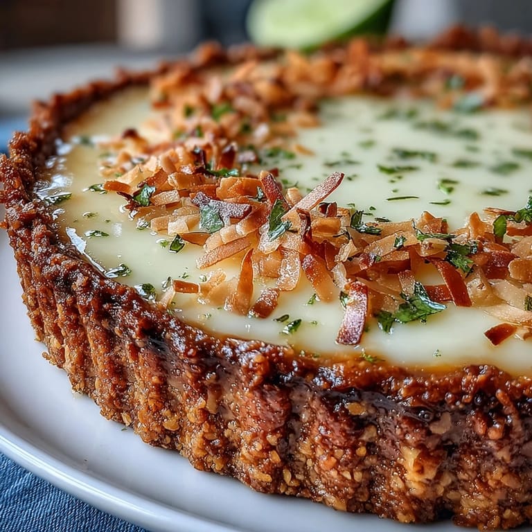 Tropical coconut lime tart with crisp graham cracker crust, served chilled with a sprinkle of toasted coconut and lime zest.