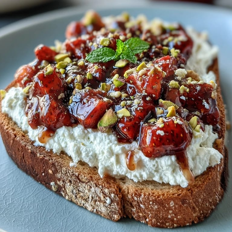 Creamy ricotta and juicy strawberries drizzled with honey on rustic toast, finished with chopped pistachios and lemon zest.
