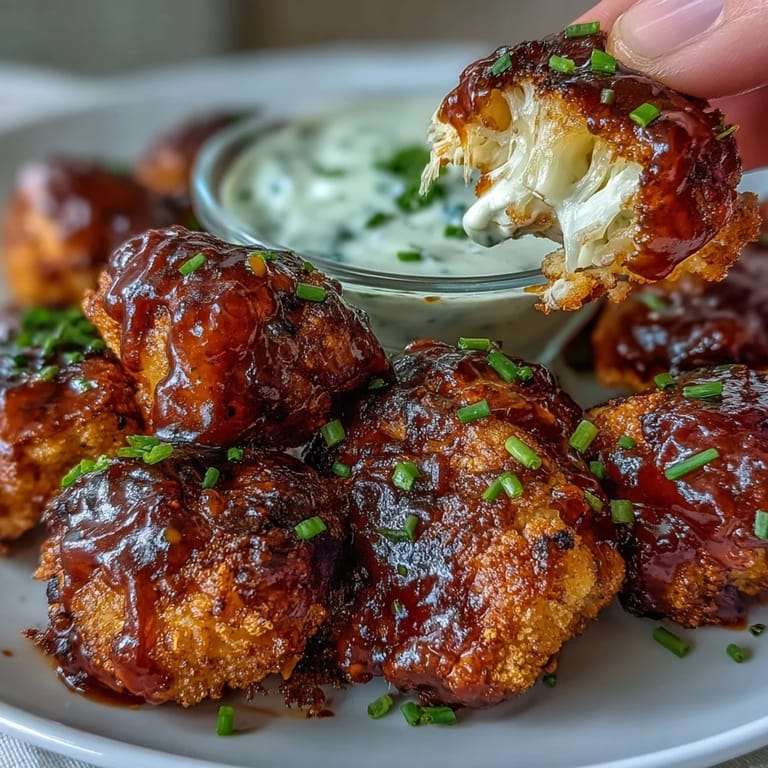 Juicy, saucy Vegan BBQ Cauliflower Wings ready for dipping in creamy ranch.