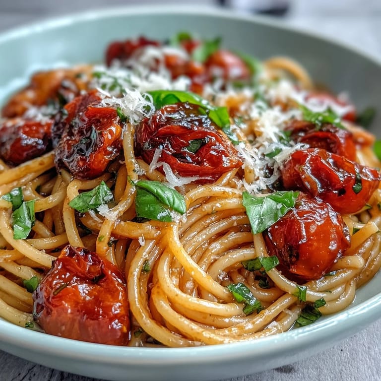 Warm Cherry Tomato Confit Pasta loaded with soft, sweet tomatoes and herbs.