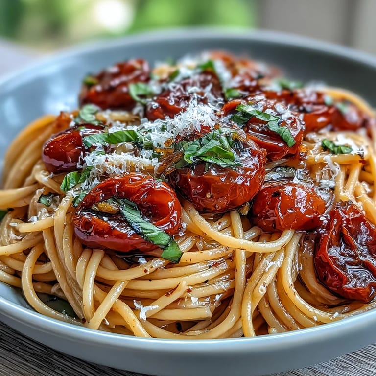 Plated Cherry Tomato Confit Pasta, a vibrant dish with fresh basil garnish.