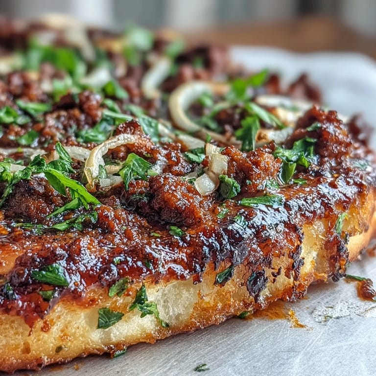 Thin, crispy Turkish Lahmacun baked with spiced ground lamb, fresh veggies, ready to serve.