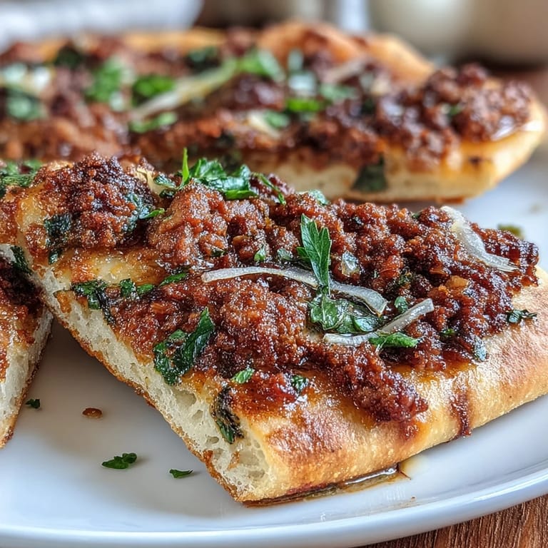 Delicious Lahmacun flatbread topped with spiced lamb, sumac, and fresh herbs, hot from the oven.