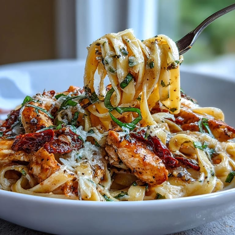 Serving Marry Me Chicken Pasta, a cheesy, savory pasta with chicken and tomatoes.
