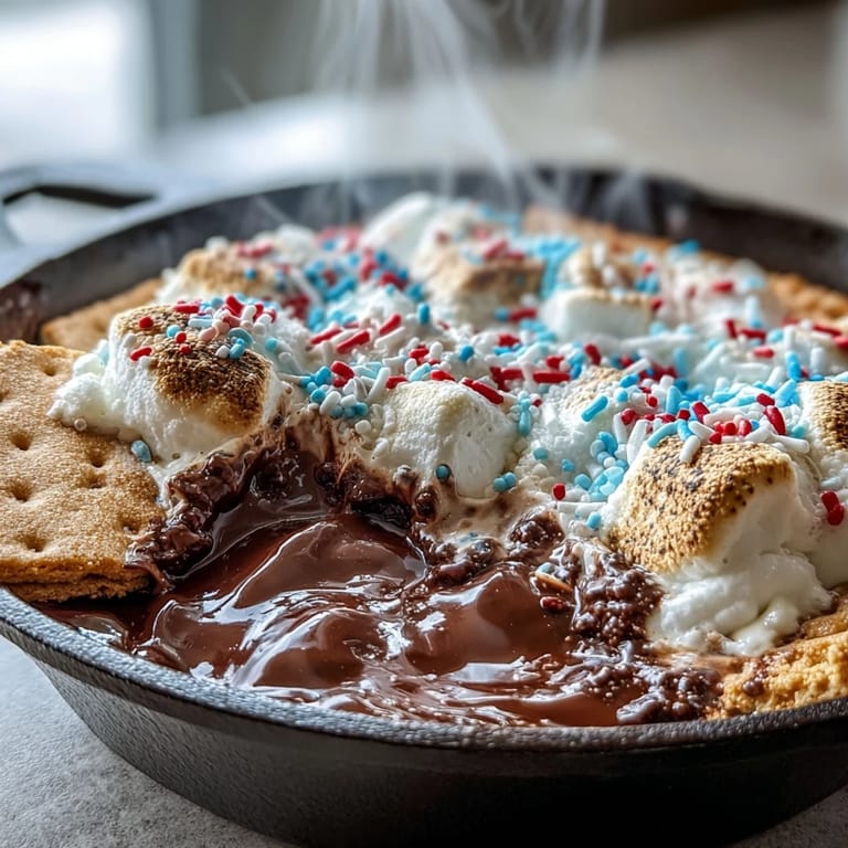 Festive 4th of July S'mores Dip, ready for scooping warm graham crackers.