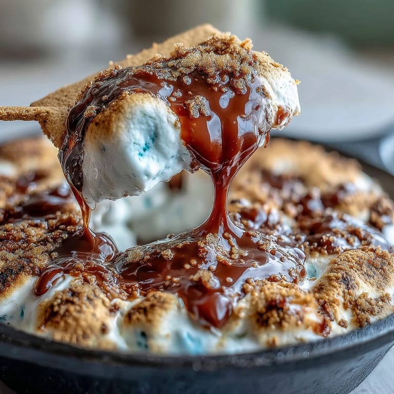 A melty 4th of July S'mores Dip baking to golden perfection in cast iron.