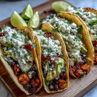 Topped with creamy avocado and shredded red cabbage, these Black Bean and Sweet Potato Tacos are served warm with lime wedges.