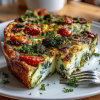 A golden, oven-baked Vegetable Frittata topped with melted cheese, filled with broccoli, bell peppers, and zucchini slices for a rustic brunch dish.