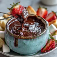 Creamy Boozy Chocolate Fondue bubbling in a fondue pot with strawberries and pretzels.