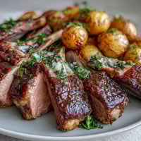 Golden-brown, herb-crusted One-Pan Roast Rack of Lamb resting beside tender roasted potatoes studded with green olives.