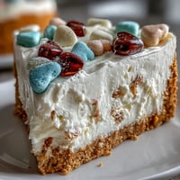 Perfectly sliced Candy Hearts Fake Cake reveals silky cream cheese filling on a buttery graham cracker crust. 