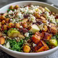 Golden roasted sweet potatoes and Brussels sprouts top a Fall Harvest Bowl with kale, wild rice, and crisp apples. 