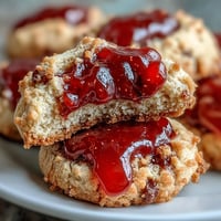 Fresh strawberry jam thumbprint cookies with golden edges and vibrant red centers, perfect for spring gatherings or holiday cookie trays.