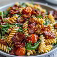 A colorful BLT pasta salad with crispy bacon, creamy avocado, and fresh cherry tomatoes tossed in a tangy dressing.  