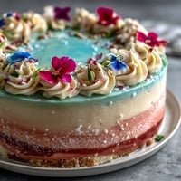 Elegant pastel ombre cake with soft pink, yellow, and green layers, topped with fresh edible flowers for a stunning spring dessert.