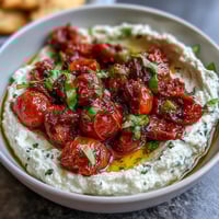 Creamy whipped feta dip topped with sweet roasted cherry tomatoes and fresh basil. Perfect appetizer for sharing with pita bread.