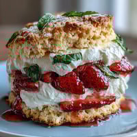 Fluffy shortcake biscuits topped with juicy strawberries and fresh basil, layered with whipped cream for a sweet, refreshing dessert.