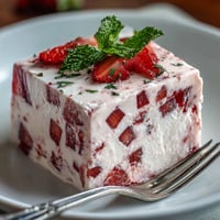 Strawberry rose gelatin mosaic cake with vibrant pink and red cubes in a creamy vanilla base, perfect for festive gatherings.  