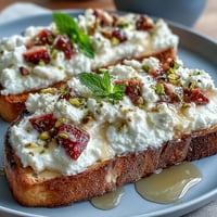 Vibrant strawberry honey ricotta toast topped with crunchy pistachios and fresh mint on golden sourdough bread.